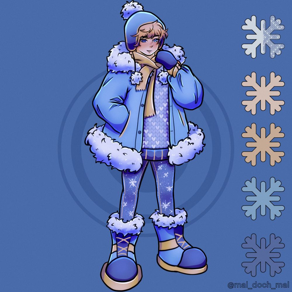 Design practice based on the inktober52 word "snow". Blond guy with heterochrome eyes in a fluffy blue winter outfit simplified for a draw this in your style challenge.