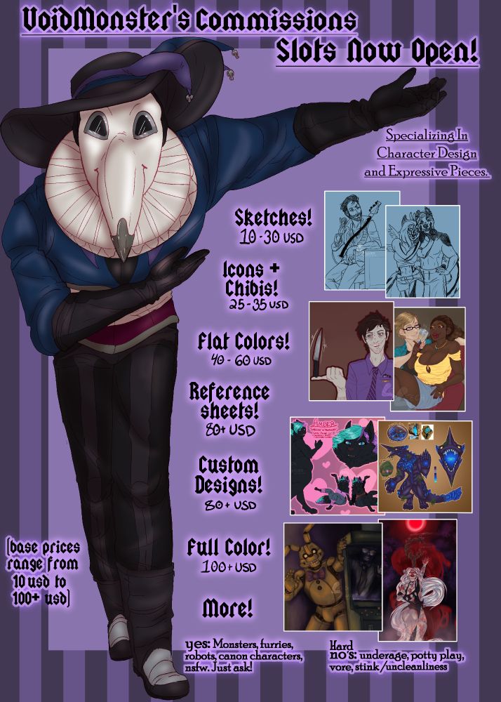 a jester themed plague doctor bowing with one arm out and one arm tucked in front of them, wearing a large neck ruff and advertising all of void's available art for sale, prices range from 10 usd and 100 plus usd