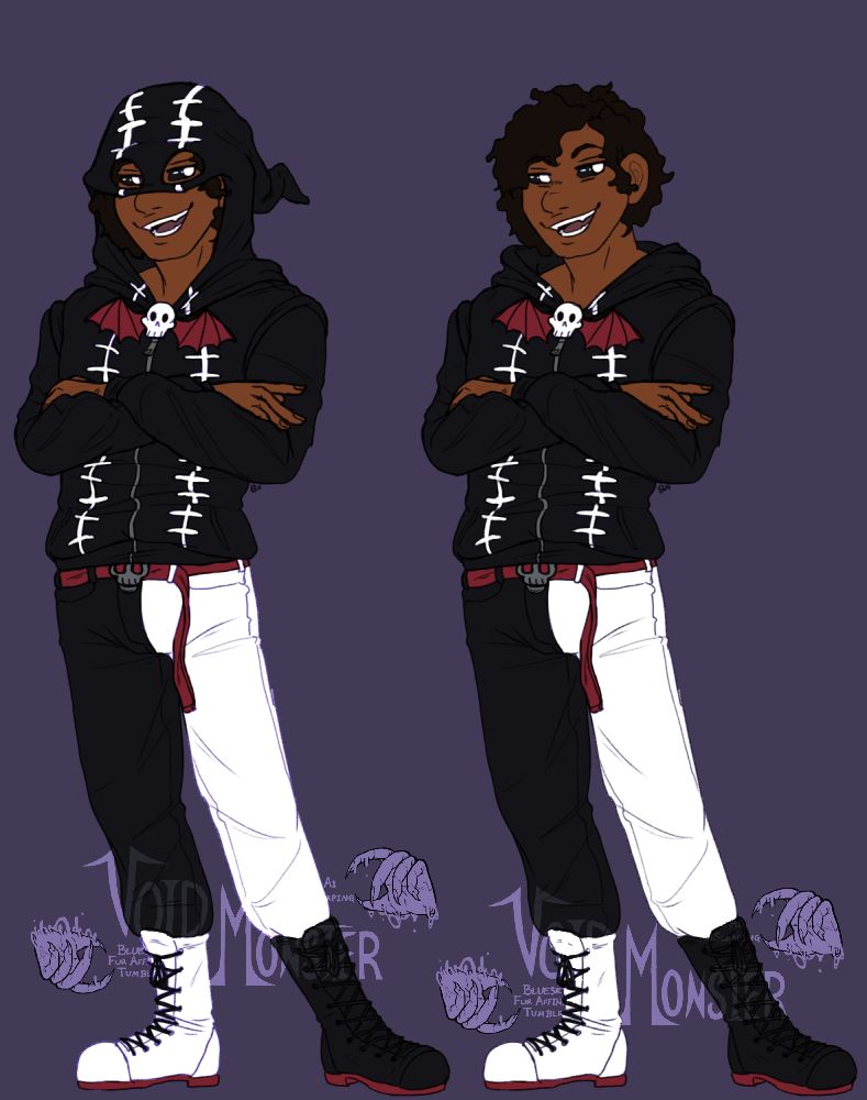 a black man with afrocentric hair, wearing a hoodie and monochrome dual colored pants. his hoodie is covered in stitches and his boots match the opposite color leg