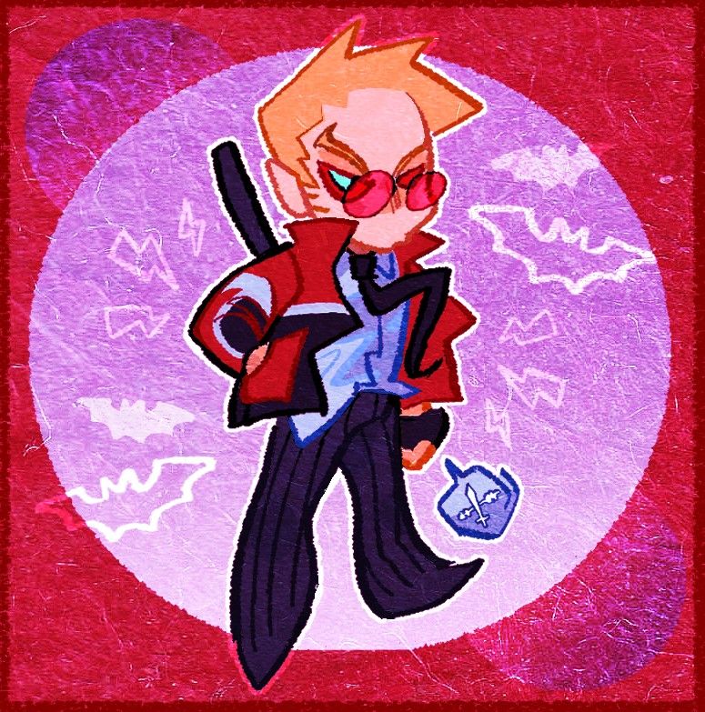 Cute, simplified drawing of my original character Toothless.

He's wearing his round shades, a biker jacket, a button-up and a tie. He's frowning, standing up straight in a combative stance, one of his hand hidden in his jacket's pocket. There is a sheathed katana hanging over his back.
He is drawn on a bright pale background, while the frame surrounding the picture is dark saturated red. The background is littered with tiny simplified doodles of bats and lightning bolts.
There is an insignia of his vampire clan next to him; a sword and a staff crossing. He is a Ventrue.