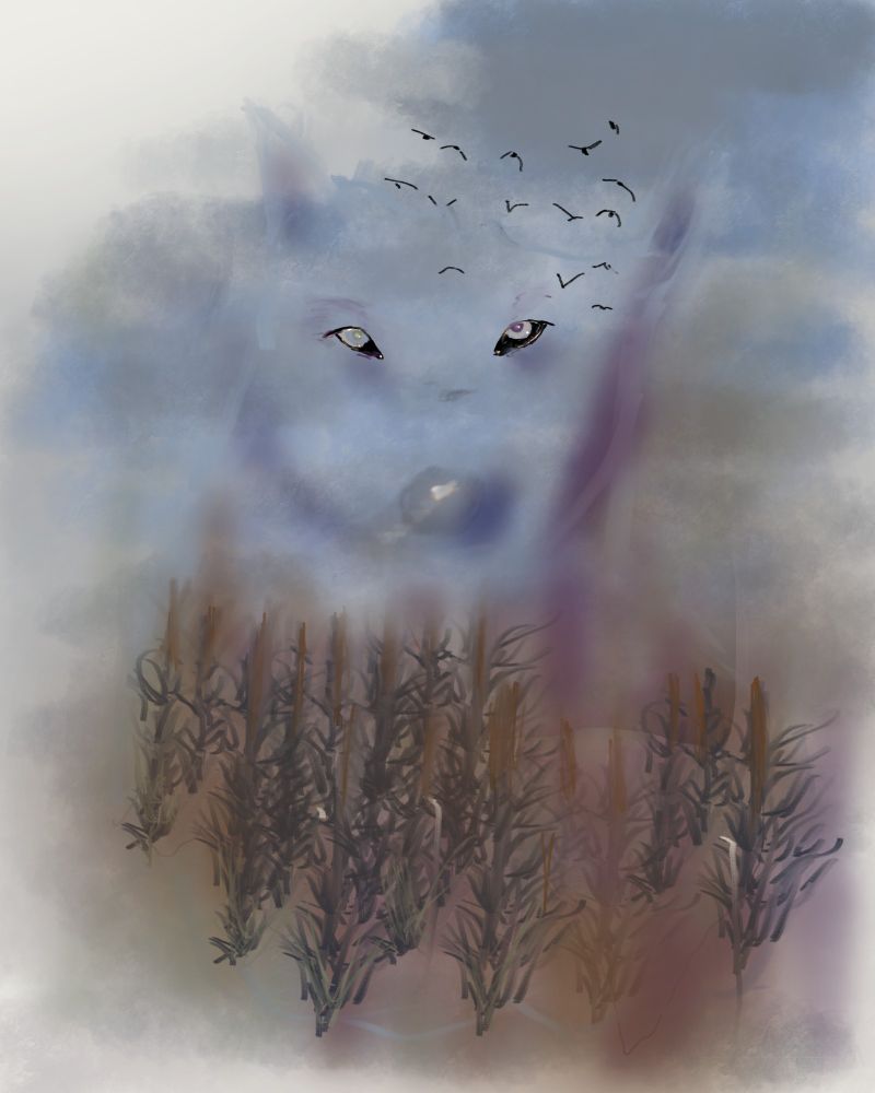 A wolf silhouette in the mist, with trees and birds.