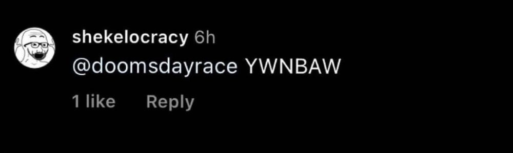 It's a instagram screenshot. It's a reply to my comment by user shekelocracy, saying "YWNBAW". The acronym means "You Will Never Be A Woman". 