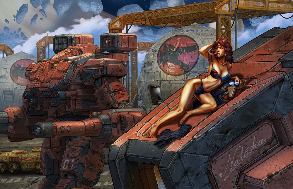 Natasha Kerensky sunbathing on her Marauder. 