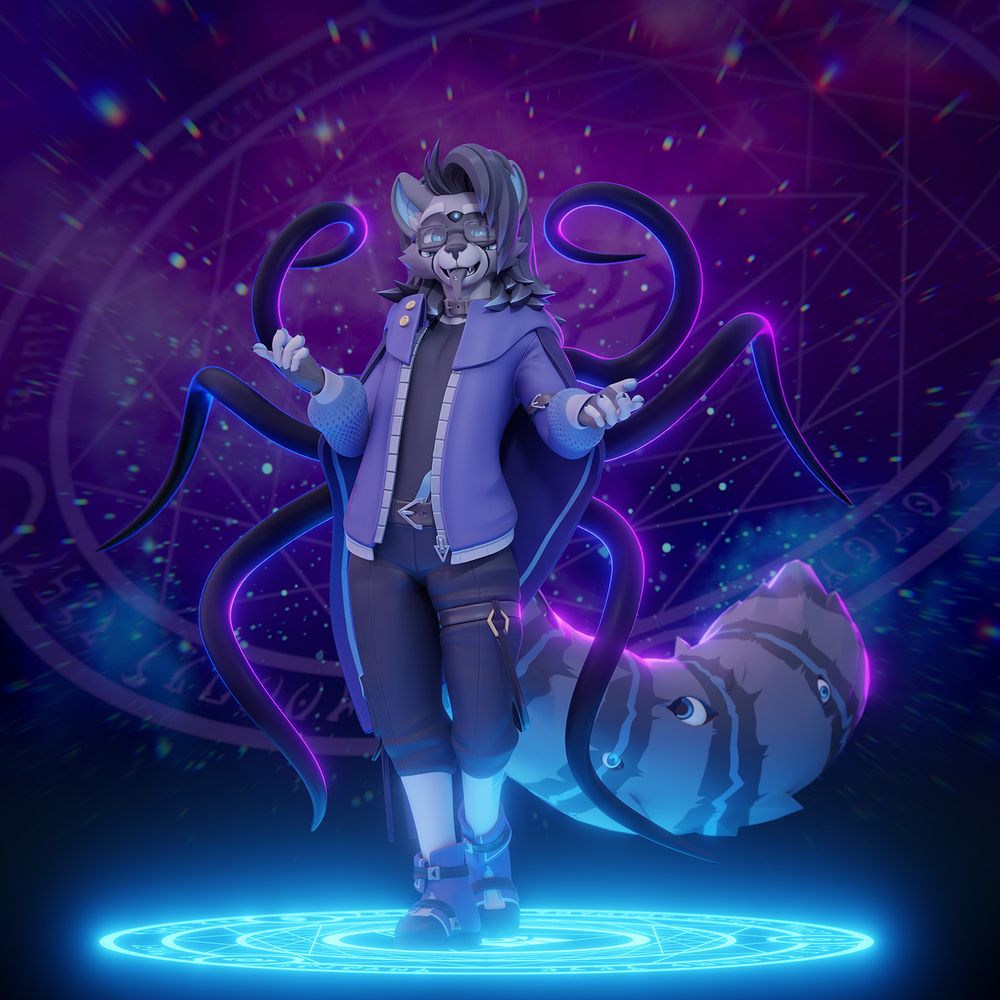 Anthro raccoon 3d model standing in a celestial environment with a hoodie outfit.