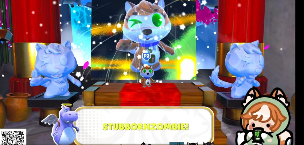 a screenshot from stubbornzombies stream showing the game Lunars and a ending screenshot of stubbornzombie on a podium winning the game with a text box saying stubbornzombie and a picture of her avatar in the bottom right and in game character in the middle of the screen.