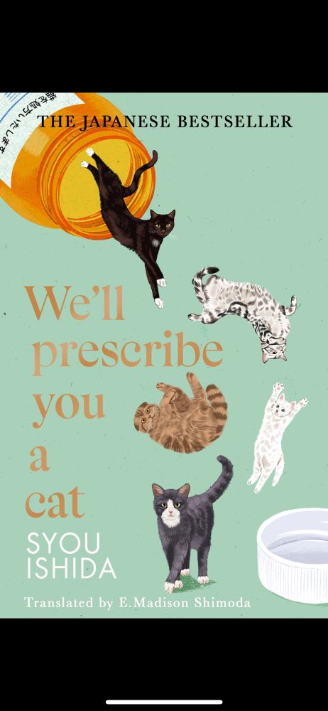 Cover of We’ll prescribe you a cat by Syou Ishida. Pale green background on top left is an open brown pill bottle and bottle right is the white lid butt instead of pills 5 cats are tumbling out, first black with white paws, next fluffy black and white tabby, the a brown tabby, a white and finally a grey cat with white paws noise/paws walking on all 4s