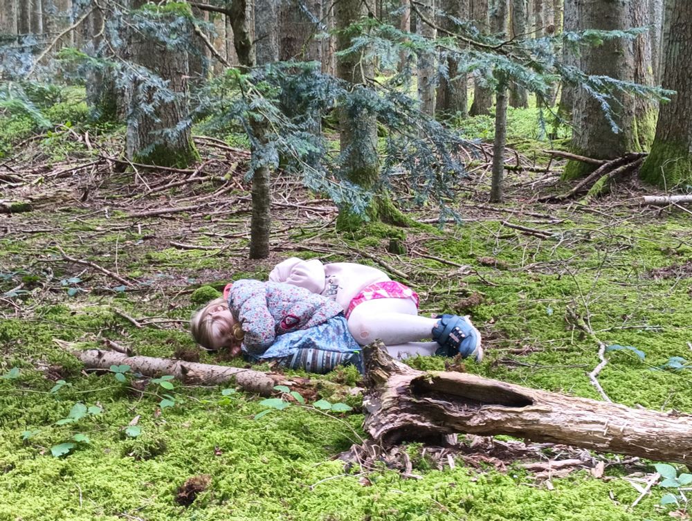 Deux enfants allongés et donnant l'impression de dormir sur un tapis de mousse en forêt
