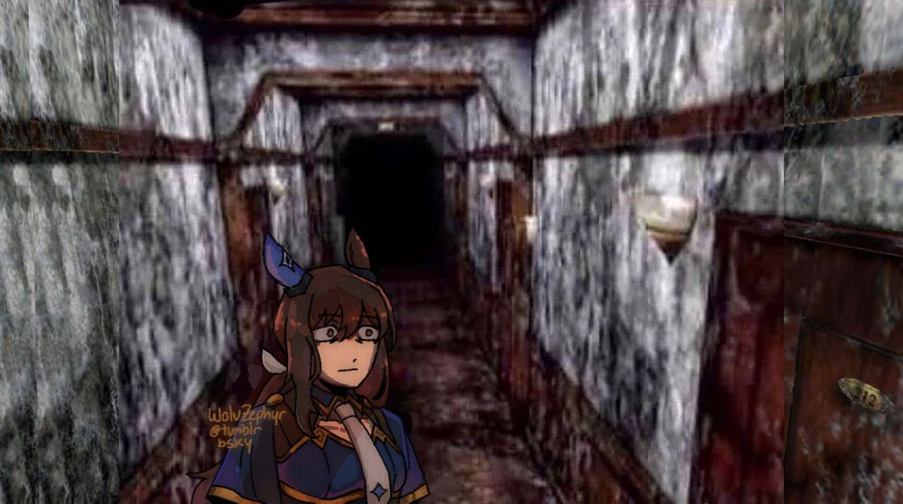 Admire Vega standing in a dirty Silent Hill hallway.