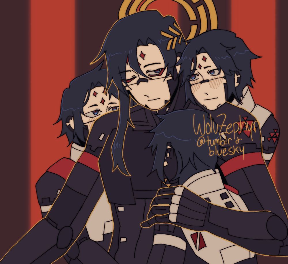 Falke in her bedroom, surrounded by three Kolibri adjutants.