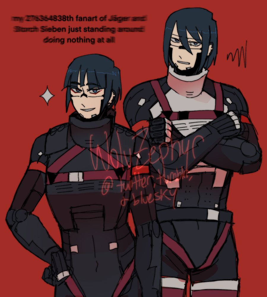 STCR-S2307 "Storch Sieben" and STAR-S2313 "Jager" standing next to each other. Sieben is scowling with her arms crossed and Jager is smiling, posed with a hand on her hip, zesty.