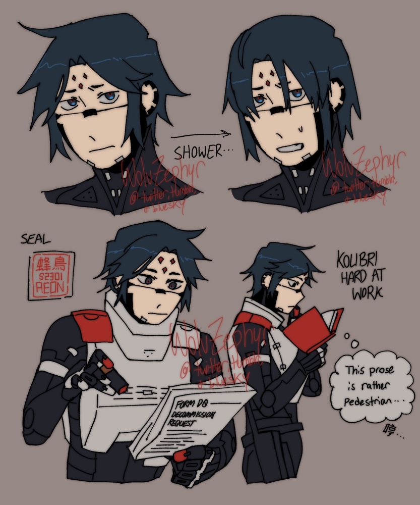 Various Kolibri sketches: A Kolibri before and after a shower, with flattened hair; A unit studying a stack of documents holding a seal; A unit reading a book thinking "This pose is rather pedestrian..."