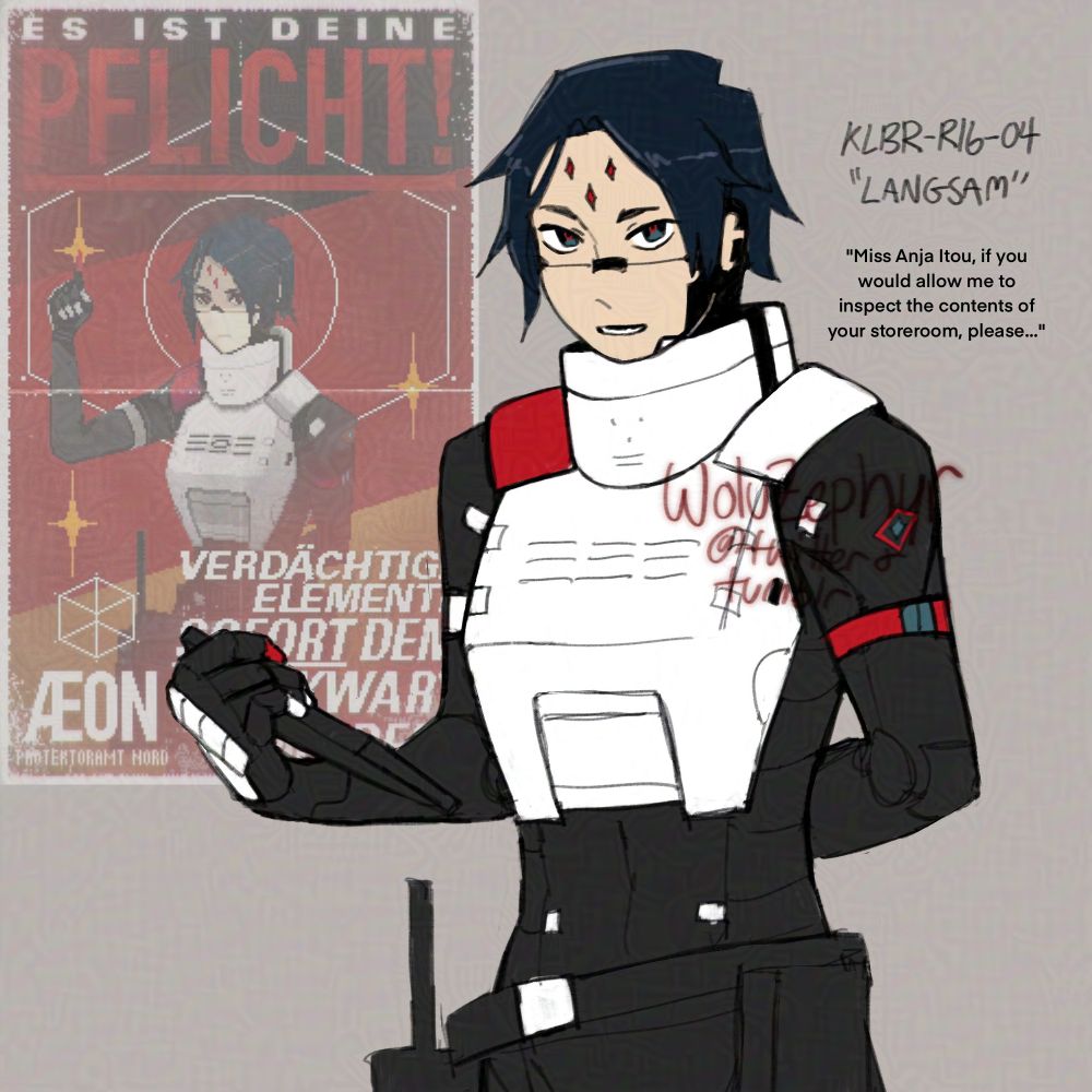 A drawing of KLBR-R16-04, nicknamed "Langsam", looking serious in a similar pose to the Kolibri Blockwart poster (which is in the background).