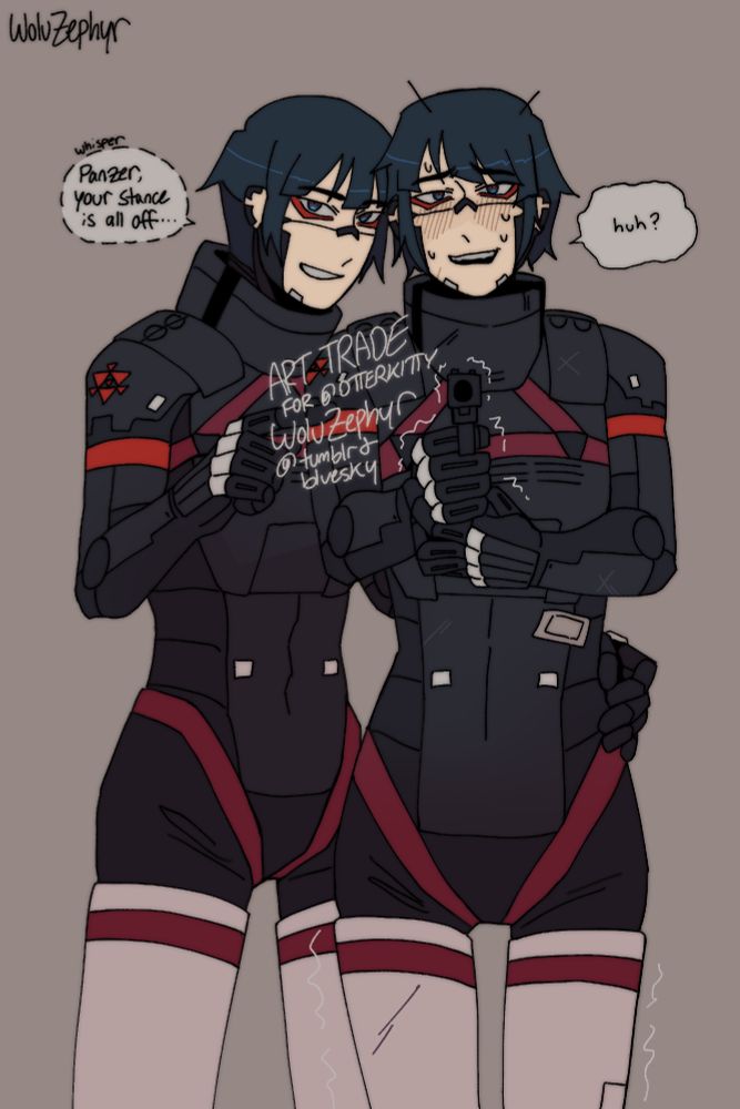 STAR-S2333 "Panzer" shakily aiming forward with a gun, flustered. STAR-S2313 "Jäger" at her side is holding her waise and whispering in her ear that her stance is all wrong, to which Panzer replies unintelligently "Huh?"