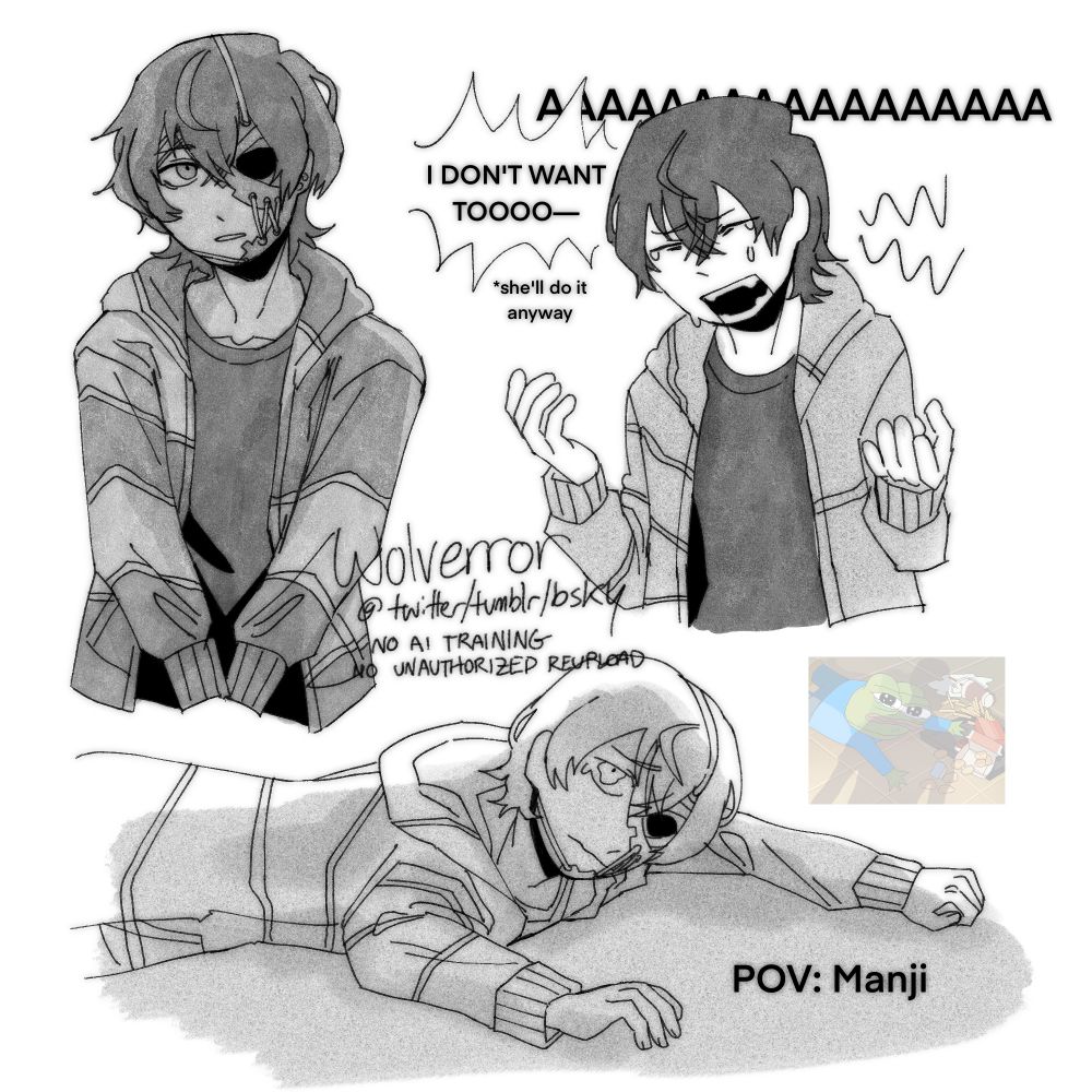 Various black and white sketches of Rei in different levels of misery.