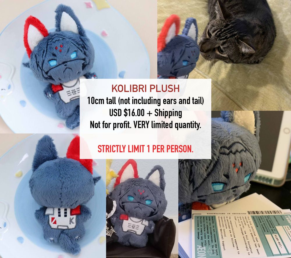 Kolibri Plush. 10cm tall (not including ears and tail). USD $16 + Shipping. Not for profit. VERY limited quantity. STRICTLY LIMIT 1 PER PERSON. Multiple angles of the plush are supplied in the image.