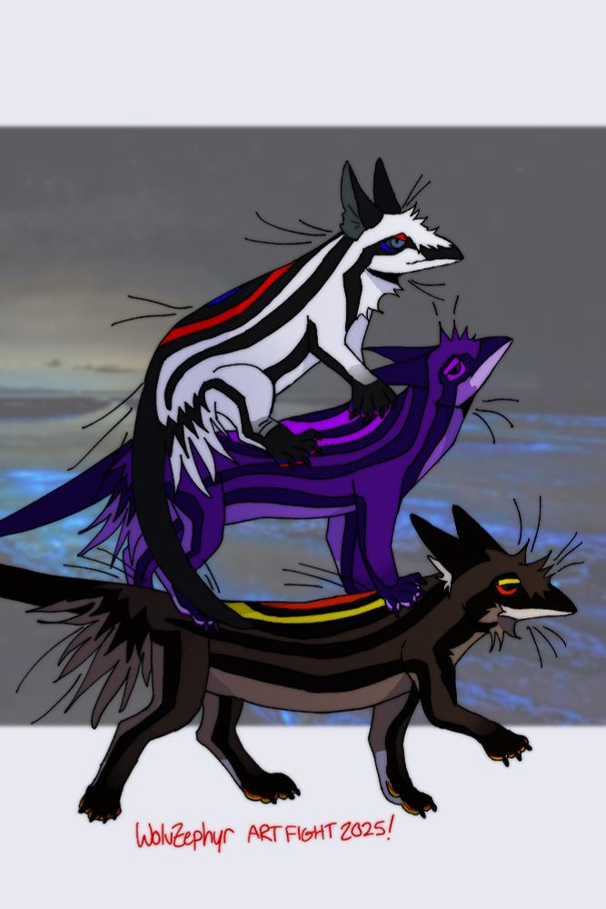 An attack for PLASTERHOUND on Art Fight. A species of OCs called Rouxinols.