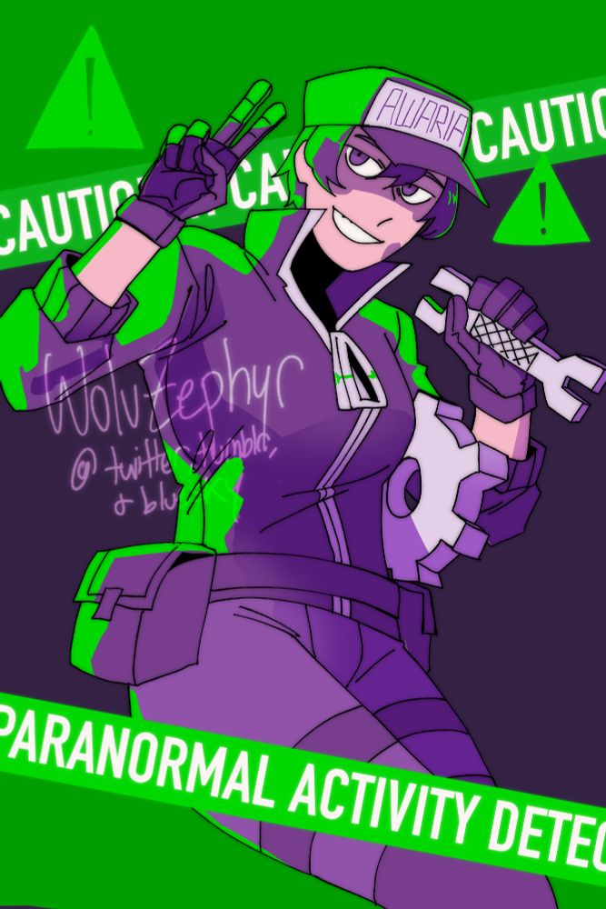 Fanart of Usterka from Awaria. She is holding a wrench in one hand and making a peace sign with the other, holding a gear under her arm. In the background is text reading "CAUTION" and "PARANORMAL ACTIVITY DETECTED".