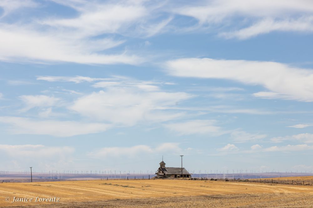 Look close and you can see a windfarm powered by the persistent winds that blow from east to west and west to east as the barometer shifts from high and low pressure and shifts as the weather changes. 