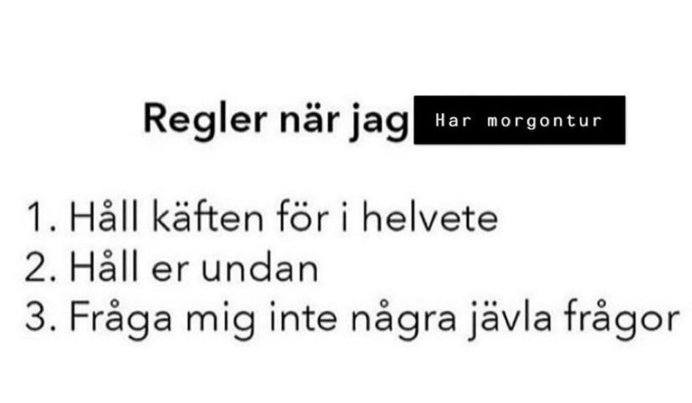 Text:
Regler när jag har morgontur
1. Håll käften för i helvete
2. Håll er undan 
3. Fråga mig inte några jävla frågor