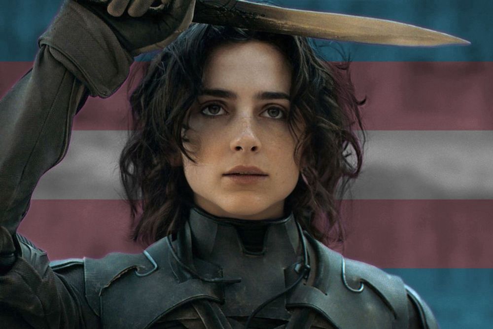 A woman with wavy brown hair and piercing hazel eyes looking toward the future while wearing a still suit and saluting with a crysknife held horizontally above her forehead; a trans flag waves behind her