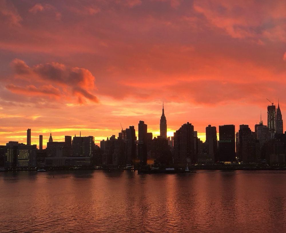 New York City skyline at sunset.
