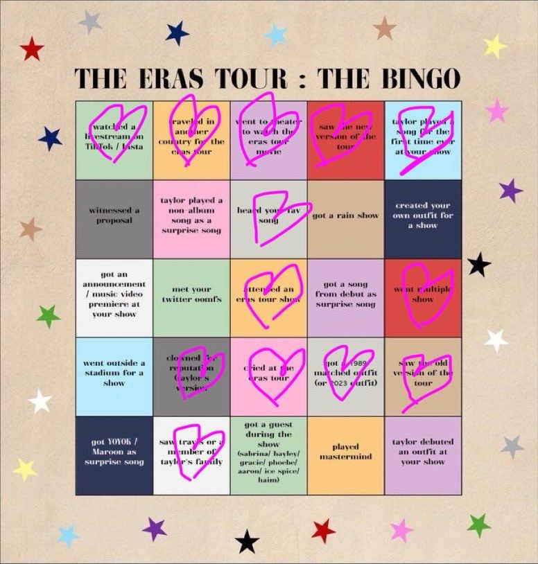Eras tour bingo card