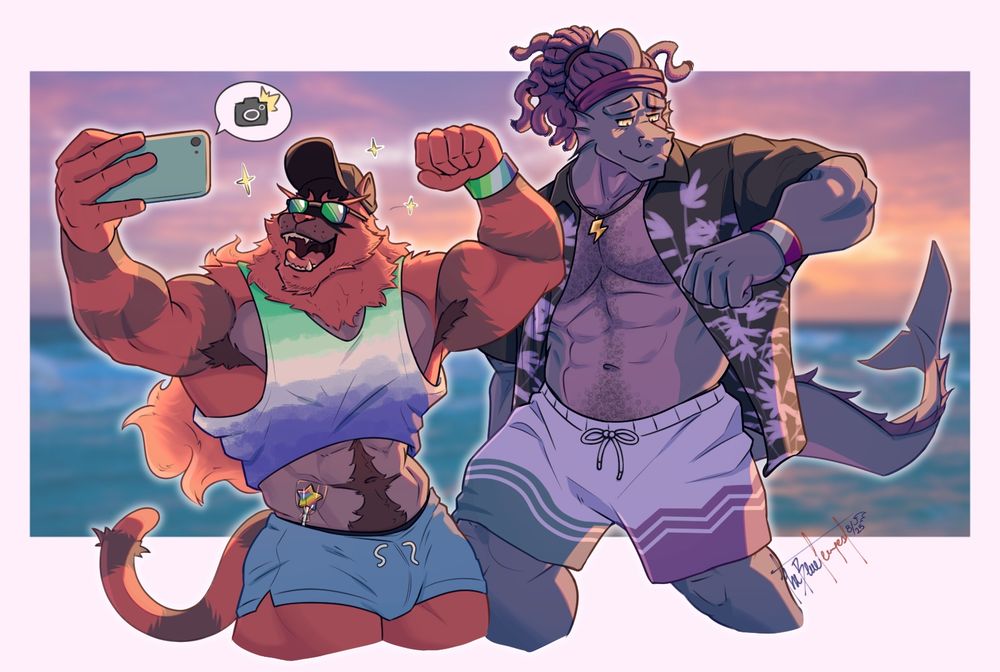Tyson and Gredorim on the beach celebrating pride.
Tyson is flexing and taking selfies (as usual) wearing the gay man flag and carrying a rainbow lollipop around his waist.
Gredorim's flags are more subtle but his outfit is inspired by the asexual, graysexual, and bisexual flags.