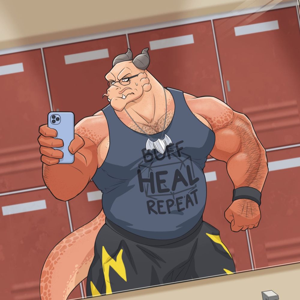 Abraxus taking a gym selfie on his workout clothes. His shirt reads "BUFF HEAL REPEAT"