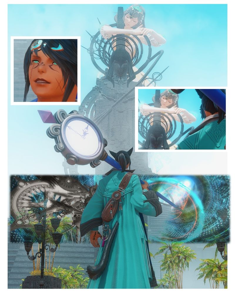 An image of a miqo'te named Dian with his clock staff resting on his shoulder as he looks at the statue of Sphene in Living Memory after defeating her. A large ghost like figure of Sphene hugs the statue. 