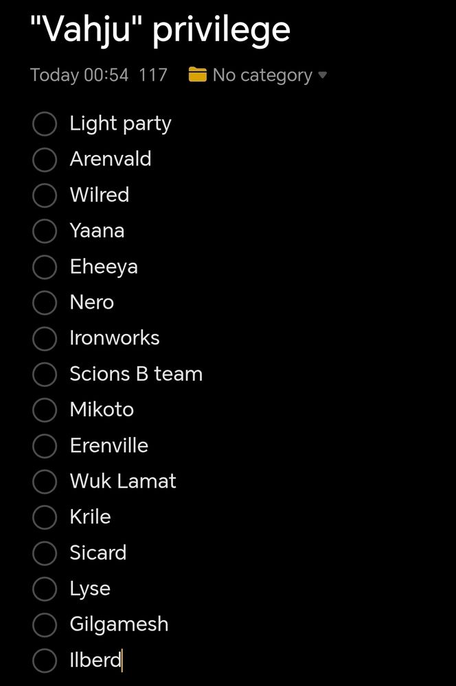 "Vahju" privilege
Light party
Arenvald
Wilred 
Yaana
Eheeya
Nero
Ironworks
Scions B team
Mikoto
Erenville
Wuk Lamat
Krile
Sicard
Lyse
Gilgamesh
Ilberd