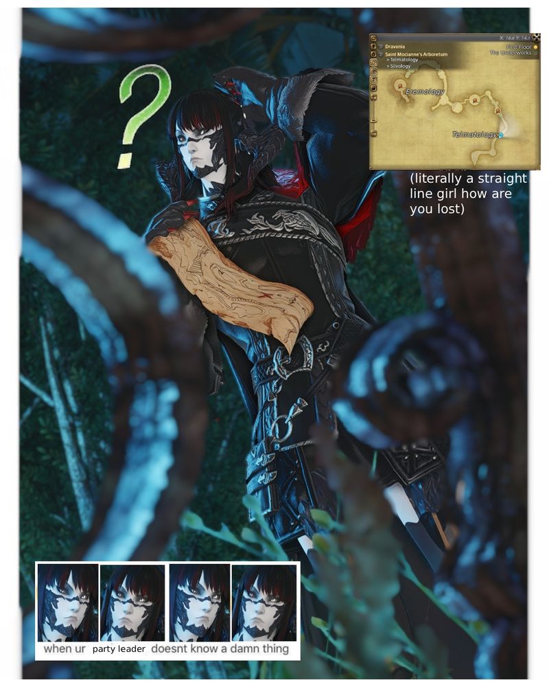 An image of an Au Ra named Ace seen through gaps in an iron fence. He's walking through a shrouded path, scratching his head as he holds a map with a confused expression. 