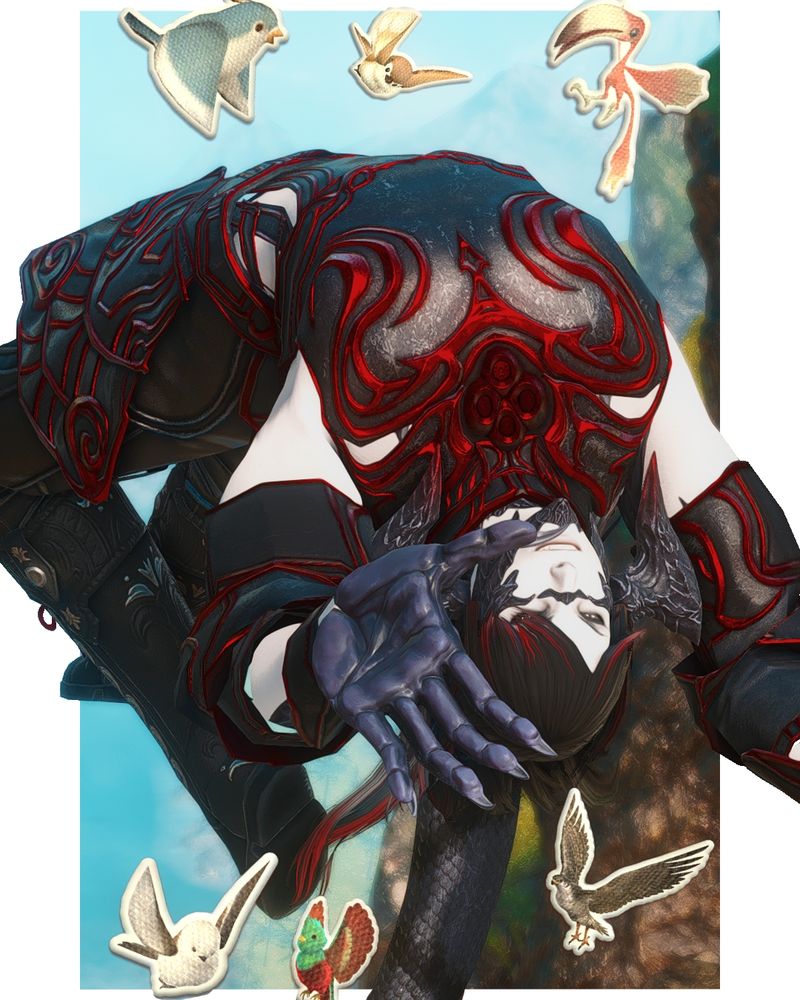 An image of an Au Ra named Ace caught in the air while doing a backflip. Her hair is hanging down behind her due to gravity, looking at the POV with a big grin. There are stickers of birds surrounding her.