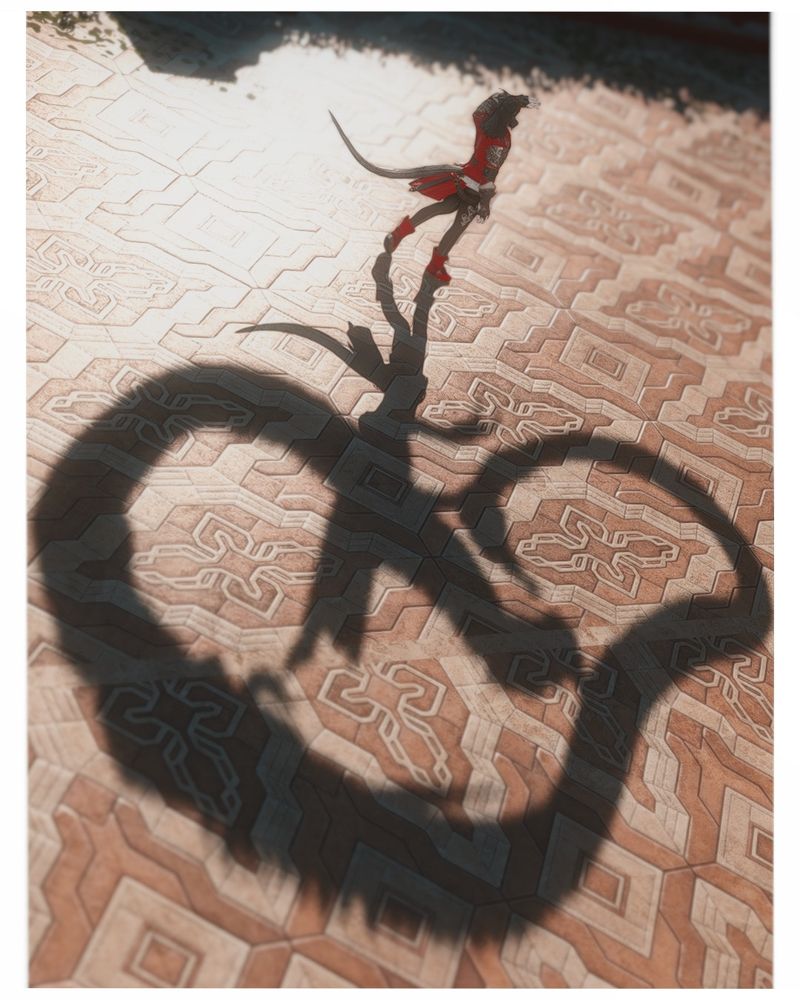 An image of an Au Ra named Ace wearing bright red as she walks down a path. She shields her face from the sun, her long snake tail raised behind her. In her shadow her body morphs into that of a large snake, showing her true form.