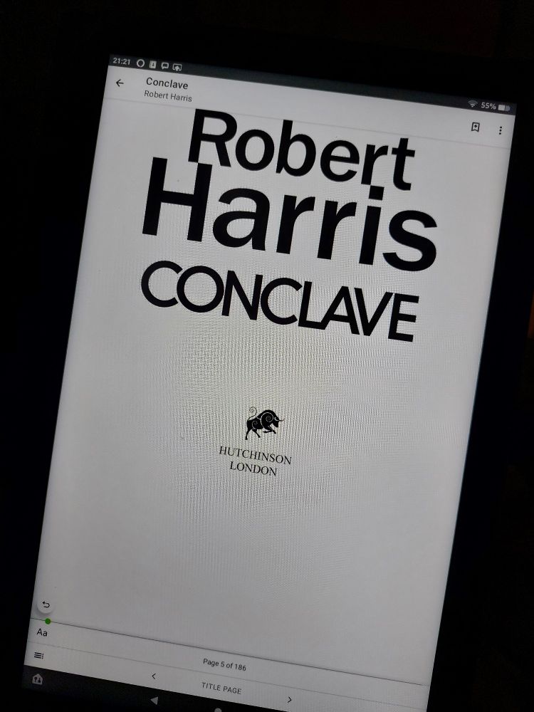 The title page of Robert Harris's Conclave , on an e-reader