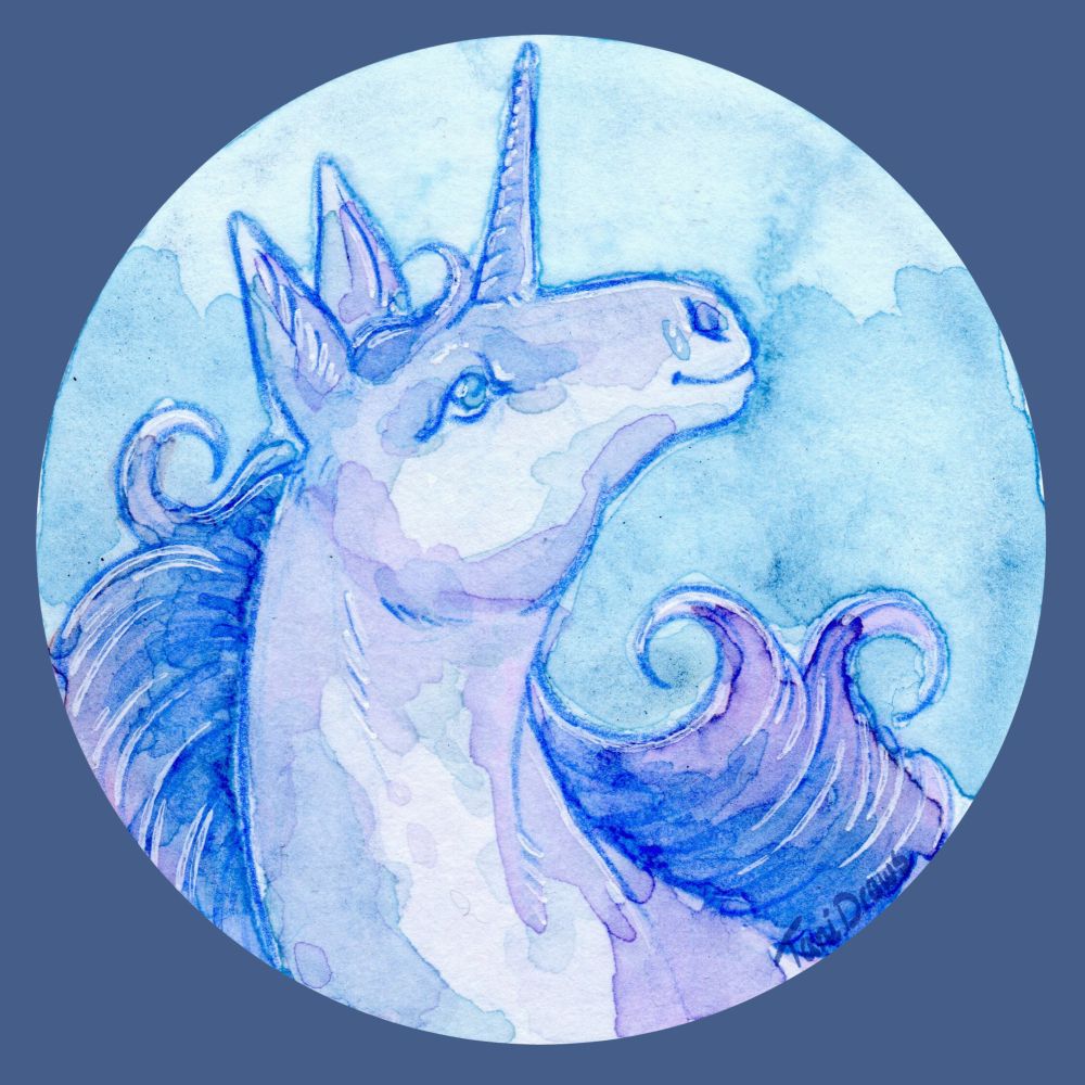 Watercolour button design of a pale purple unicorn with darker purple manes.