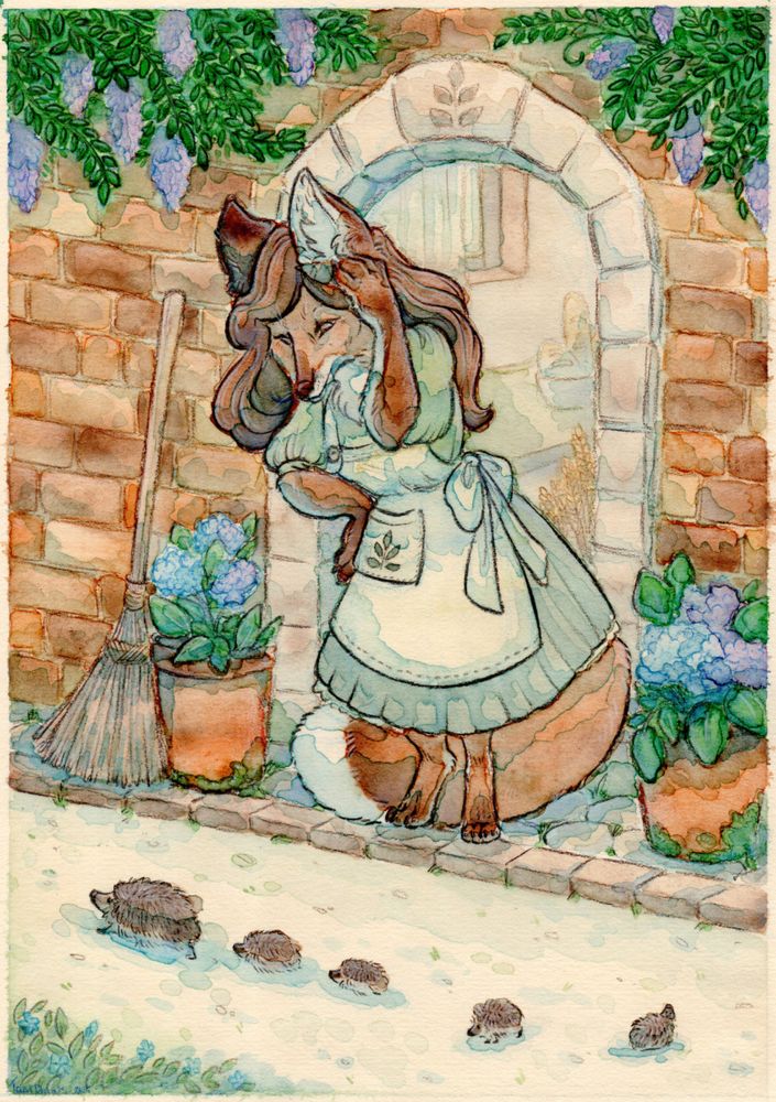 Painting of an anthropomorphic fox lady standing in front of her door, watching a family of hedgehogs pass by.