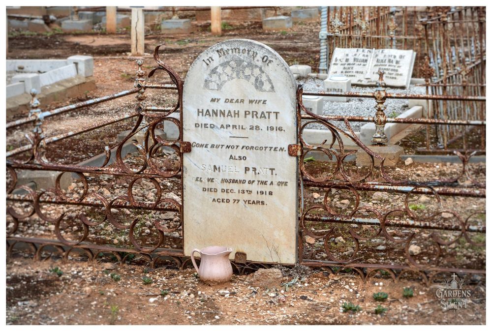 A slightly low angle, close up photograph of an arched white marble headstone for Hannah and Samuel Pratt in a dry, weathered cemetery (Two Wells Cemetery, South Australia).

The inscription reads: "In Memory of MY DEAR WIFE HANNAH PRATT DIED APRIL 28, 1916. COME BUT NOT FORGOTTEN. ALSO SAMUEL PRATT, BELOVED HUSBAND OF THE ABOVE DIED DEC. 13TH 1918 AGED 77 YEARS."

The headstone is enclosed by a highly rusted, low Victorian style wrought iron fence featuring intricate looped and curved metalwork.

A small, pale pink ceramic jug rests at the base of the headstone. The ground is dry earth and gravel, with small, hardy plants emerging.