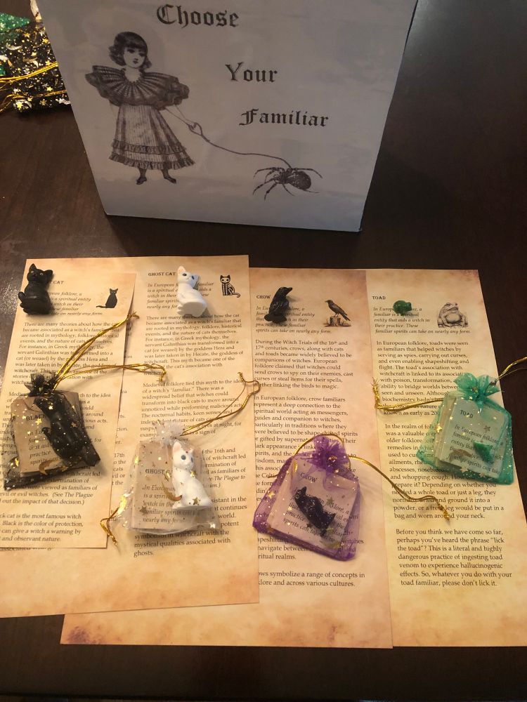 Collaged box to choose a witch familiars. Handout about the folklore and meanings behind the black cat, ghost cat, crow and toad. 