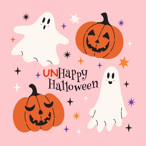 happy halloween pic with ghost and pumpkin carving graphics. the letters UN have been crudely added in red, to make it read "UNHappy Halloween"
