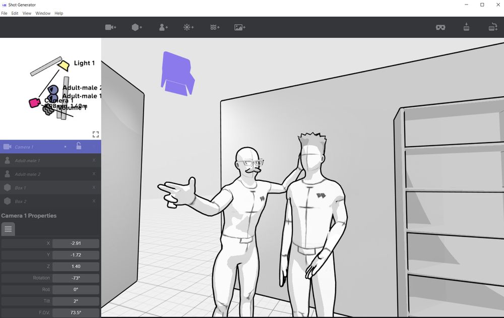 a storyboard shot with two peeps and some walls