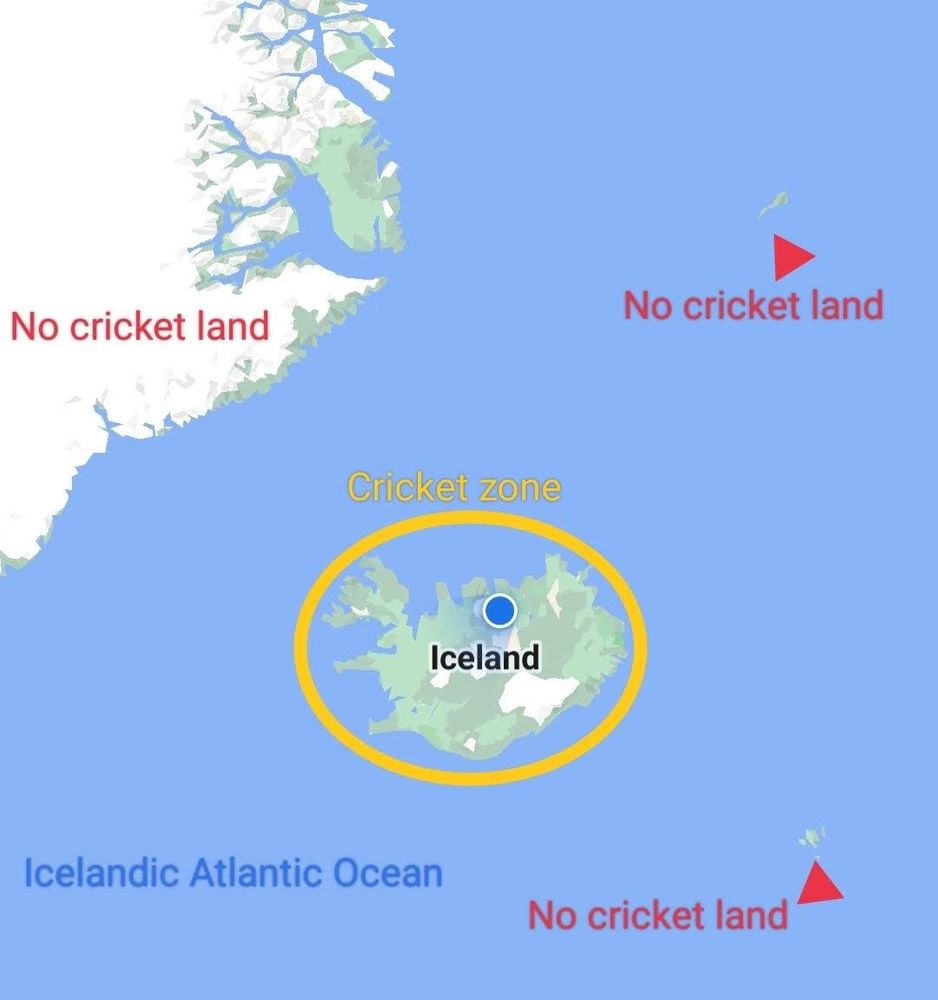 Map showing cricket in Iceland but nowhere nearby