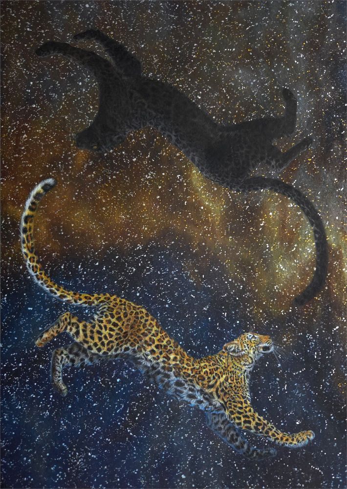 A drawing of two leopards, one normal and one black, chasing each other in a circle with a star sky and nebulae in the background