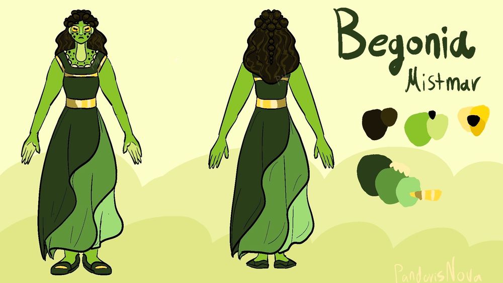 Reference sheet of Begonia, a tall woman with black curly hair, green skin, frog-like features, and layered regency dress.