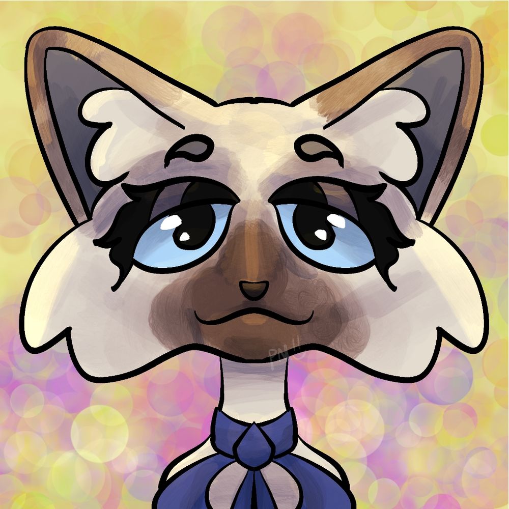 Painted icon of a front facing cat with a blue bow around her neck.