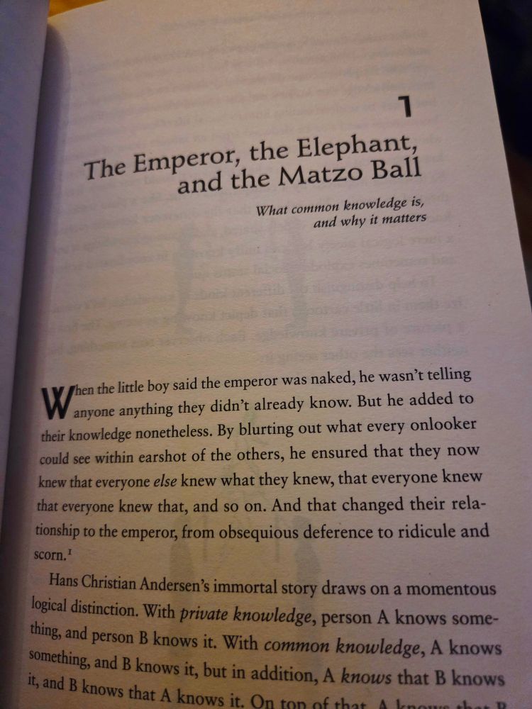 Es ist zu lesen: 
1. The emperor, the elephant and the matzo Ball

When the little boy said the emperor Was naked, he wasnt telling anyone anything they didnt already know. But he added to their knowledge nonetheless. By Blurting out what every onlooker could see within earshot of the others he ensured that they now knew that everyone else knew what they knew. And that changed their relationship to the emperor, from obsequious deference to ridicule and scorn. 