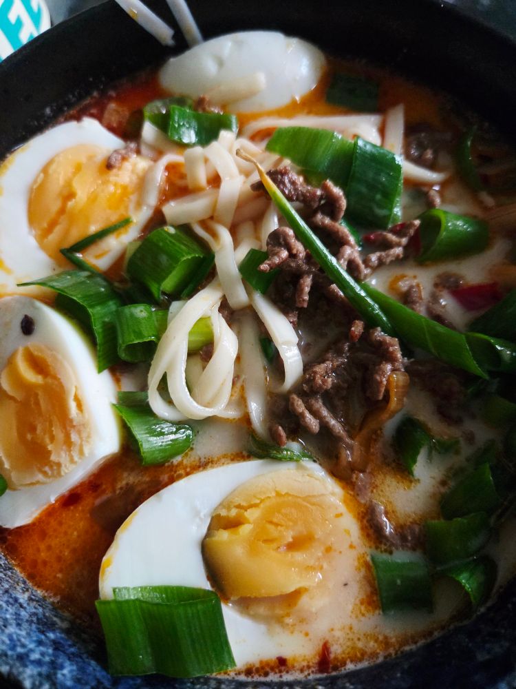 Schüssel mit Nudeln, Brühe, Eiern, Hackfleisch und Frühlingszwiebeln. 