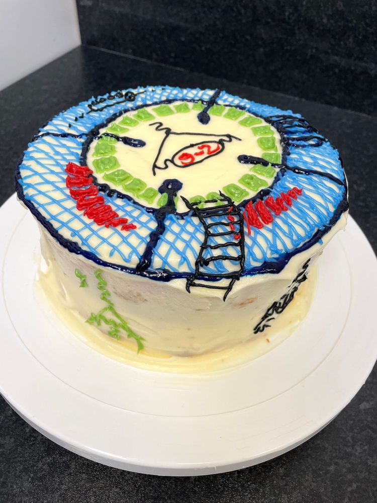 Cake decorated with blue, red and green icing to match the muon g-2 experiment at fermilab. We did our best but it’s a bit shaky…