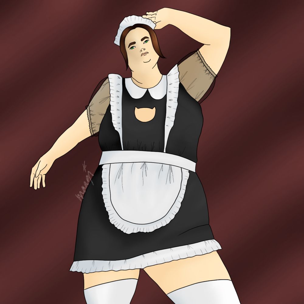 A fat woman in a meido dress