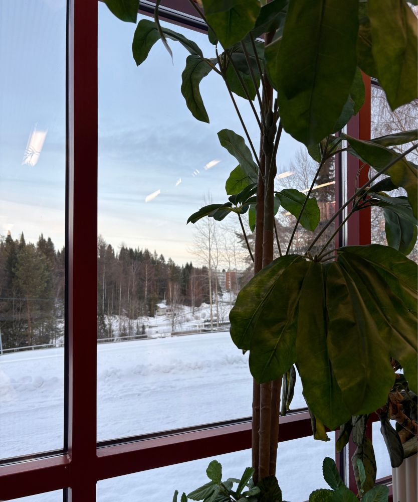 A view of a snowy hill, shot through a window 