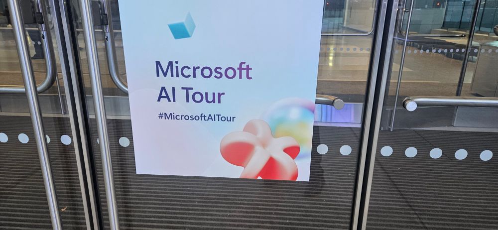 External view of Javits, showing the #microsoftaitour logo